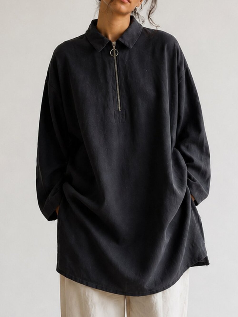 Baserange Silk Tunic Top Oversized Minimalist Zip Neck Size M/L Lagenlook